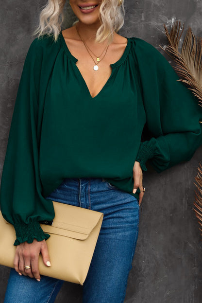 Rose Pleated V Neck Puffy Sleeve Blouse