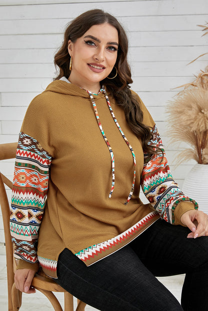 Khaki Texture Aztec Drop Sleeve Waffle Plus Size Hoodie