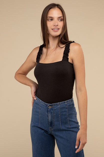 Ribbed Ruffle Strap Bodysuit