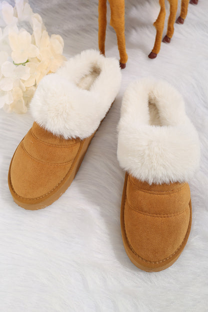 Camel Plush Suede Patchwork Thick Sole Slippers