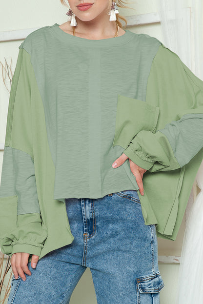 Green Splicing Long Sleeve Pocketed Oversized Top