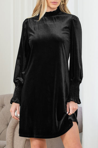 Black Velvet Frill Neck Long Sleeve Shift Dress