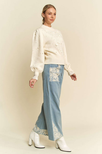 Davi & Dani Lace Applique Wide Leg Jeans