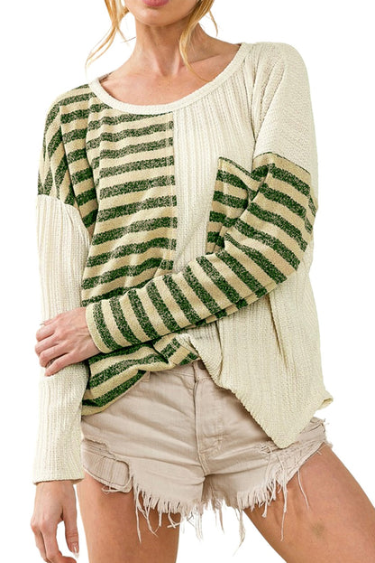 Khaki Striped Print Ribbed Color Block Long Sleeve Top