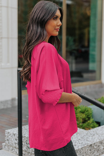 Rosy Solid Casual Smocked Cuffs Top