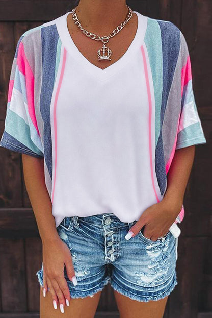 Pink Stripe Patchwork V Neck T Shirt