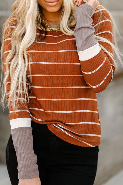 Brown Contrast Spliced Color Block Cuffs Rib Knit Top