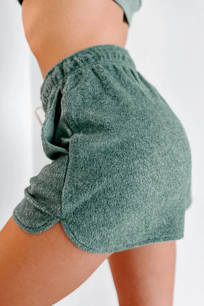 Green Fleece Cropped Pullover & Shorts Two Piece Shorts Set