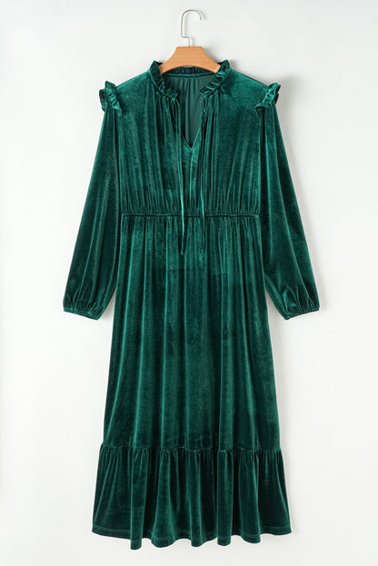 Blackish Green Frill Neck Velvet High Waist Plus Size Dress