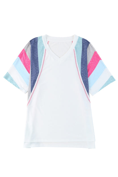 Pink Stripe Patchwork V Neck T Shirt