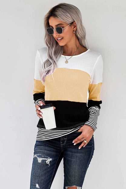 Color Block Stripes Trim Patchwork Casual Textured Long Sleeve Top