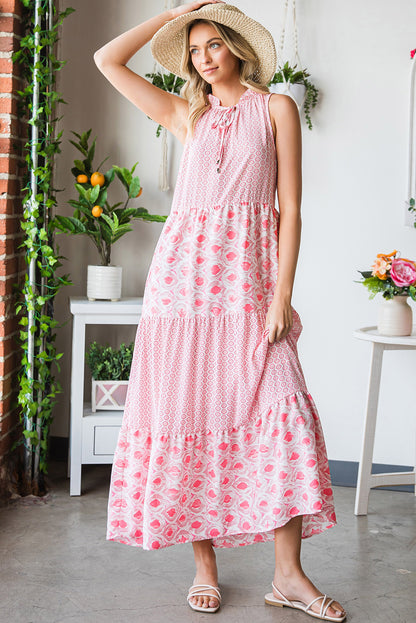 Pink Abstract Sleeveless V Neck Summer Tiered Dress