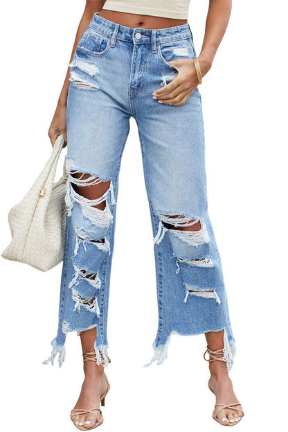 Blue Heavy Destroyed Raw Hem Wide Leg Jeans