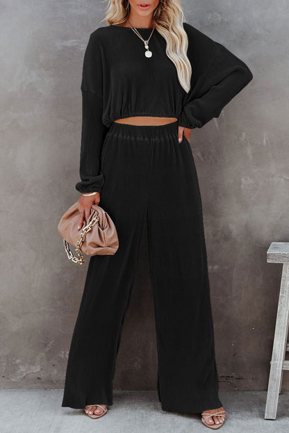 Black Corded Cropped Pullover and Wide Leg Pants Set