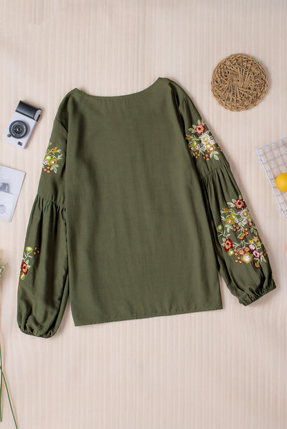 Black Flower Embroidered Jewel Neckline Long Sleeve Shirt