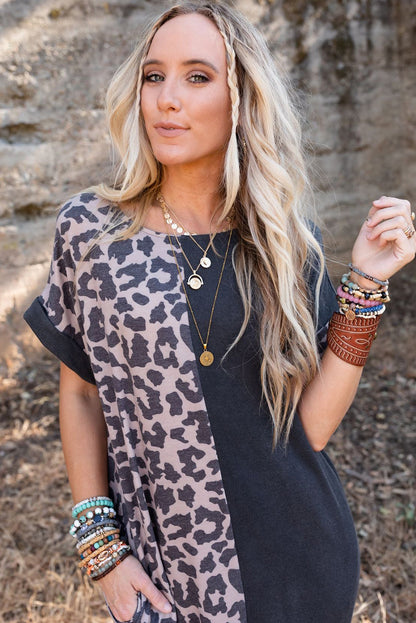 Rose Leopard Patchwork Pocket Casual T-Shirt Dress With Slits