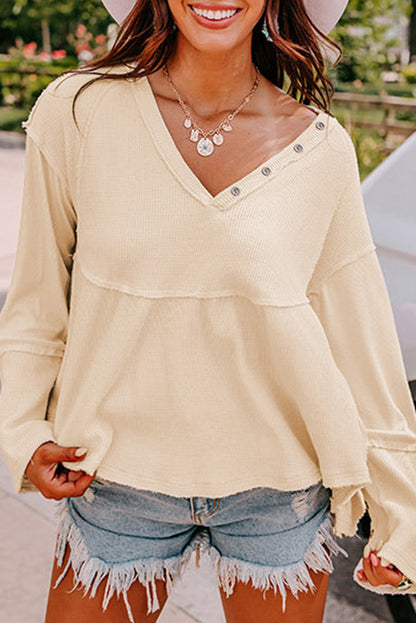 Light French Beige Waffle Patchwork Button Detail Exposed Seam Top