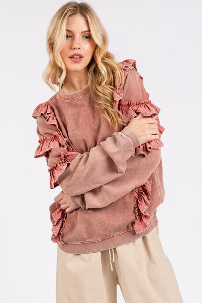 Mittoshop Ruffled Mineral Washed Round Neck Long Sleeve Sweatshirt