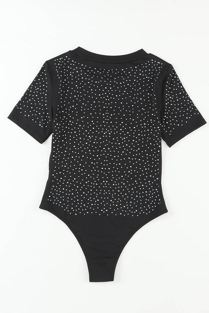 Rose Rhinestone Allover Round Neck Short Sleeve Bodysuit