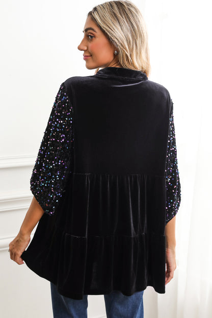 Black Velvet Sequin Puff Sleeve Button Babydoll Blouse