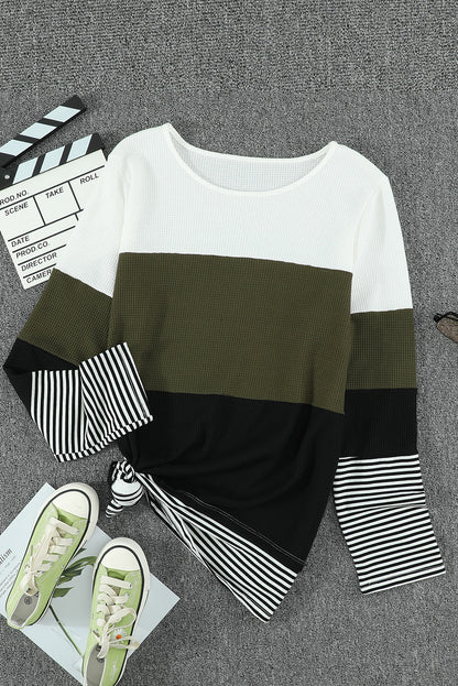 Color Block Stripes Trim Patchwork Casual Textured Long Sleeve Top