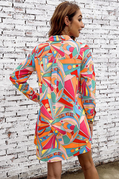 Multicolor Geometric Abstract Print Long Sleeve Shirt Dress