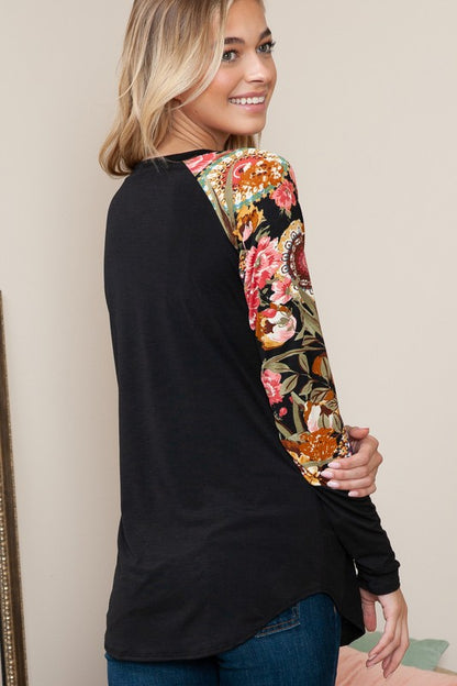 Plus Solid Floral Contrast Long Sleeve Top