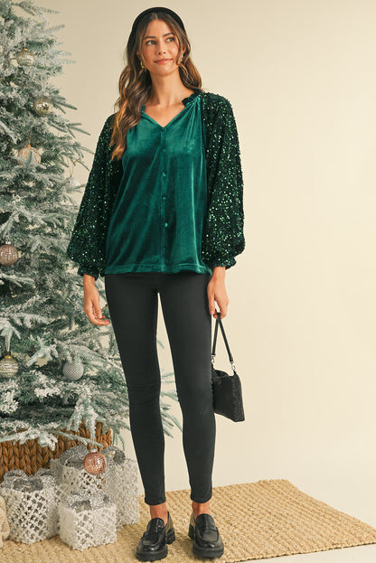 Evergreen Velvet Sequin Patchwork Sleeve Button Up Blouse