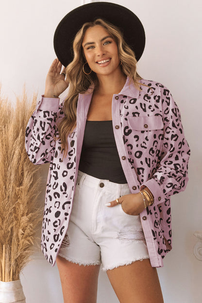 Pink Leopard Collared Neckline Flap Pockets Corduroy Jacket