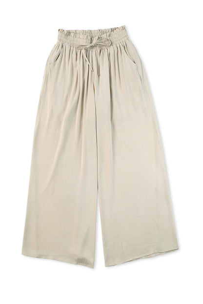 Gray Drawstring Smocked High Waist Wide Leg Pants