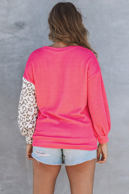 Cheetah Print Color Block Casual Pullover Long Sleeve Top