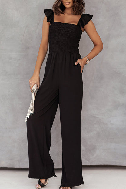 Red Smocked Ruffle Strap Pocket Wide Leg Jumpsuit