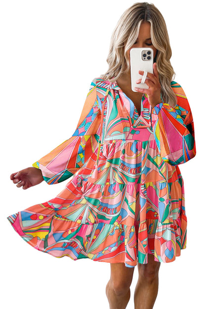 Multicolor Geometric Abstract Print Long Sleeve Shirt Dress