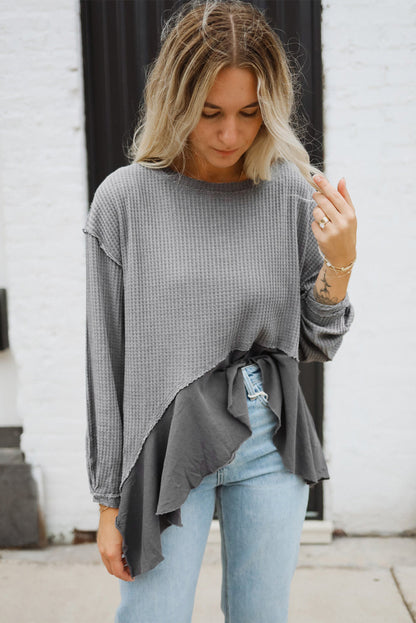 Grey Waffle Knit Patchwork Long Sleeve Top