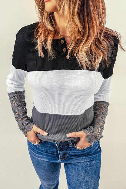 Color Block Ribbed Lace Crochet Sleeves Henley Shirt for Women