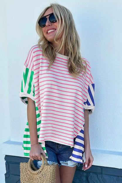 Blue Stripe Patchwork Slits Baggy T Shirt