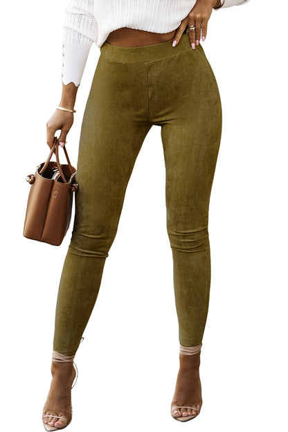 Khaki Mid Rise Faux Suede Skinny Leggings