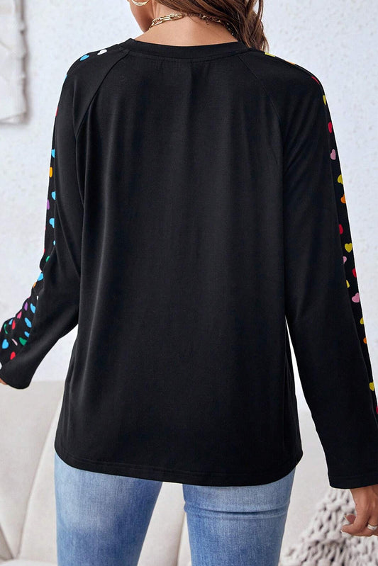 Black Colorful Heart Print Raglan Sleeve Patched Pocket Top