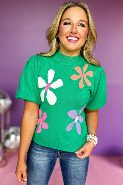 Bright Green Floral Bubble Short Sleeve Knitted Top