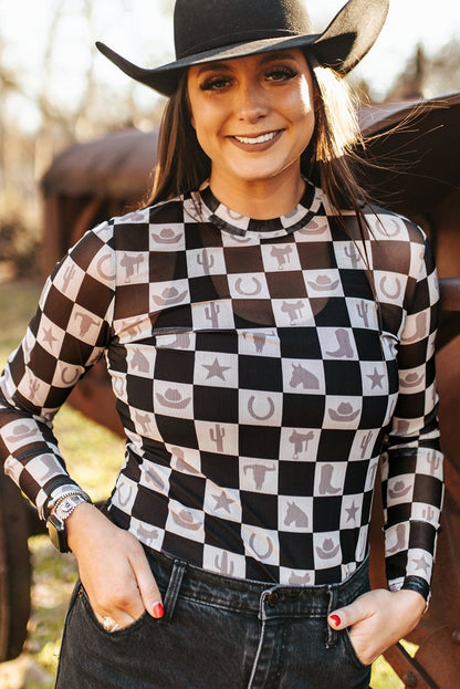 Black Checkerboard Mesh Slim Fit Long Sleeve Top