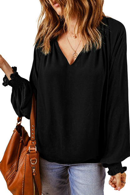 Rose Pleated V Neck Puffy Sleeve Blouse