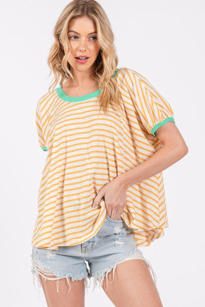 Ces Femme Striped Round Neck Short Sleeve T-Shirt