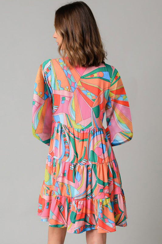 Multicolor Geometric Abstract Print Long Sleeve Shirt Dress