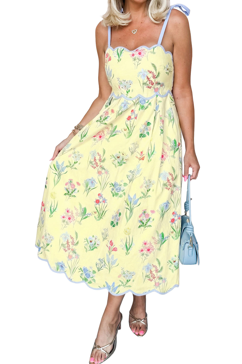 Yellow Floral Print Contrast Trim Self-tie Straps High Waist Midi Dress