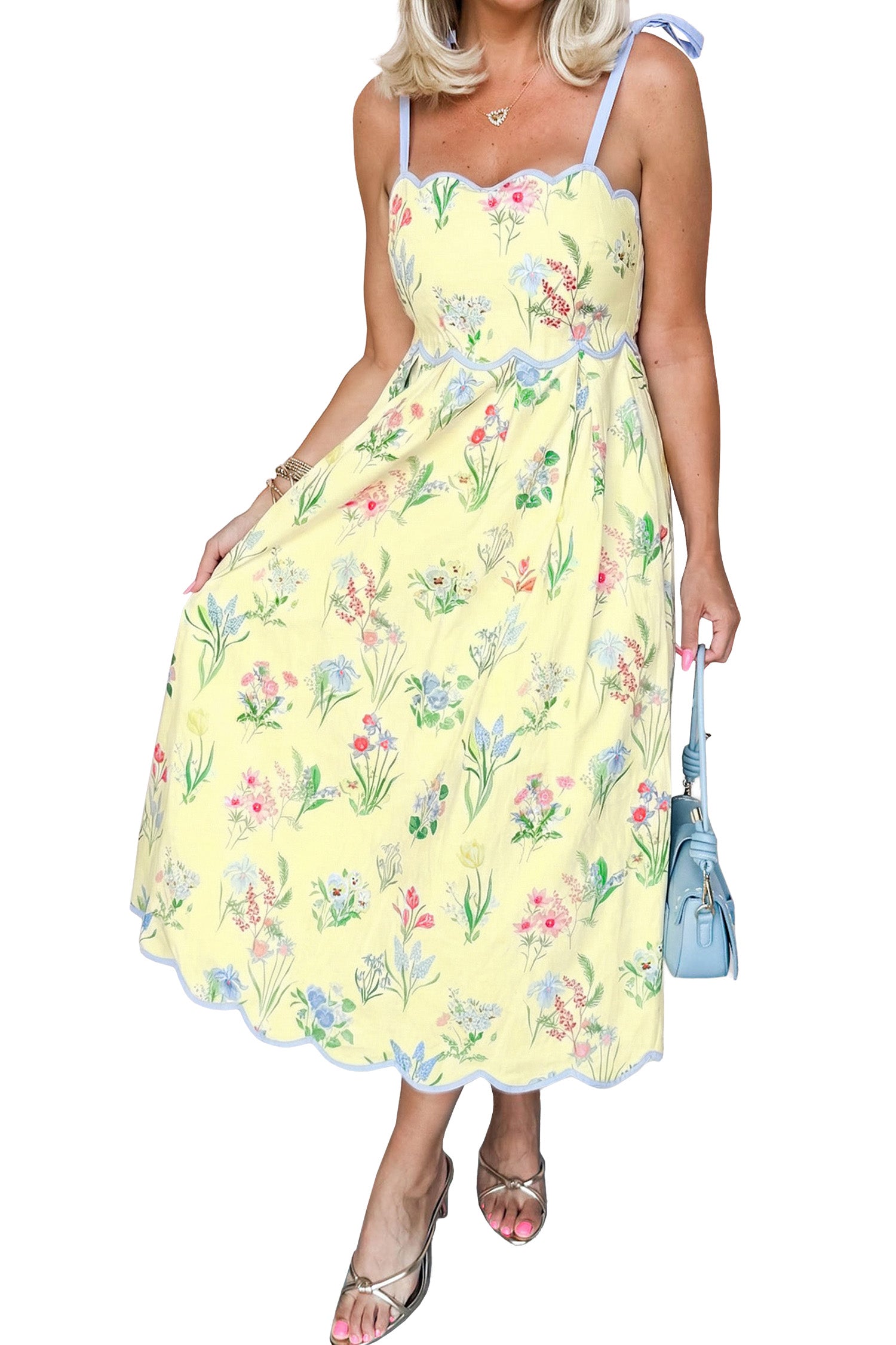 Yellow Floral Print Contrast Trim Self-tie Straps High Waist Midi Dress