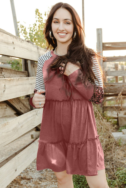 Khaki Striped Leopard Patchwork Long Sleeve Short Dress