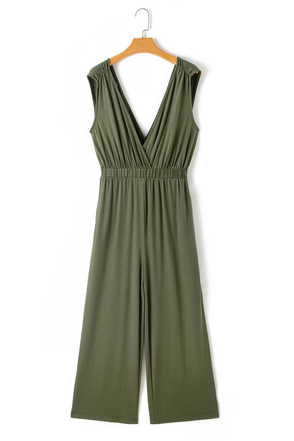 Jungle Green Deep V Pocketed Pleated Wide Leg Jumpsuit