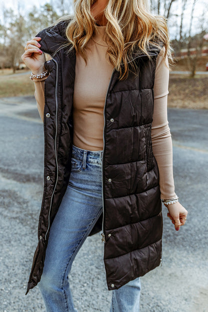 Brown Hooded Pocketed Quilted Long Vest Coat