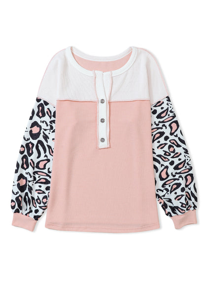 Pink Waffle Knit Leopard Sleeve Patchwork Henley Top