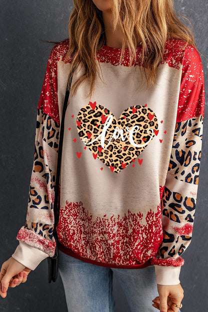 Red love Leopard Bleached Heart Graphic Sweatshirt